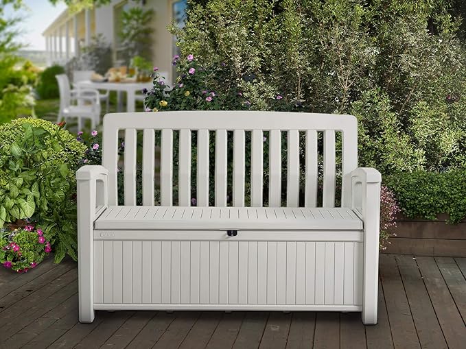 Amazon Com Keter 60 Gallon Storage Bench Deck Box For Patio Furniture Front Porch Decor And Outdoor Seating Perfect To Store Garden Tools And Pool Toys White Sports Outdoors