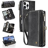 QIXIU for iPhone 15 Pro Max Wallet Phone Case with 8 Card Holder,RFID Blocking | PU Leather | Kickstand | Flip | Wrist Strap&Shoulder Strap | Shockproof | Zipper Wallet | Women Men | 6.7" | Black
