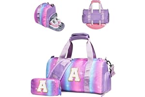 Vogewood Stocking Stuffers for Kids-Gifts for 4 5 6 7 8 9 10 11 Year Old Girls-Girl Gym Bag with Shoe Compartment, Kid Personalized Weekender Bags with Makeup Pouch, Dance Bag Girls Gift (Letter A)
