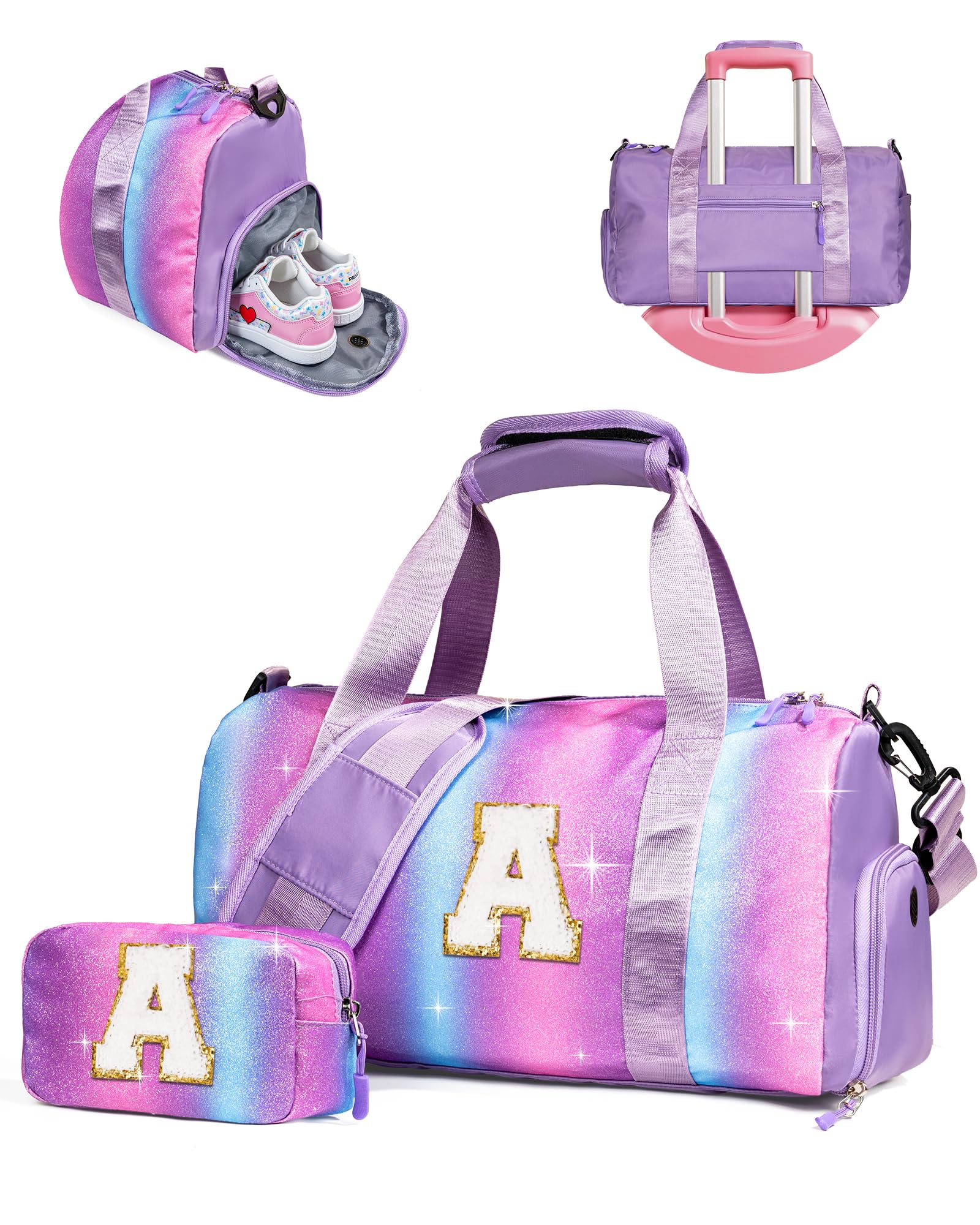 Photo 1 of Vogewood Gifts for 4 5 6 7 8 9 10 11 Year Old Girls-Girl Gym Bag with Shoe Compartment, Kid Personalized Weekender Bymnastic Bags, Initial Travel Tote with Makeup Pouch, Dance Bag Gift (Letter A)