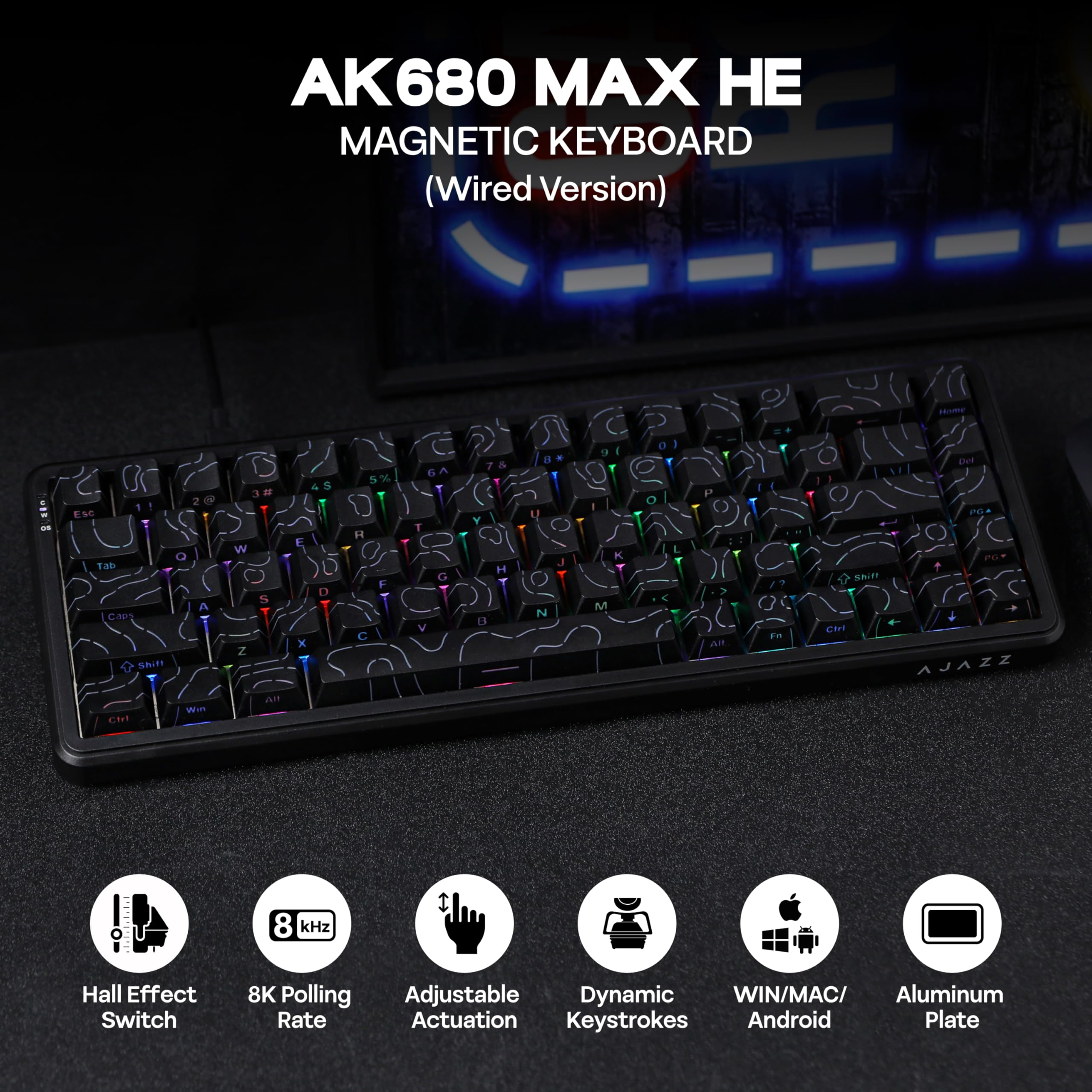 MechLands AK680 MAX Wired Gaming Keyboard with Hall Effect Switch, Rapid Trigger Magnetic Keyboard with 8K Polling Rate, Top Structure, RGB Backlight (Black Contour Line)