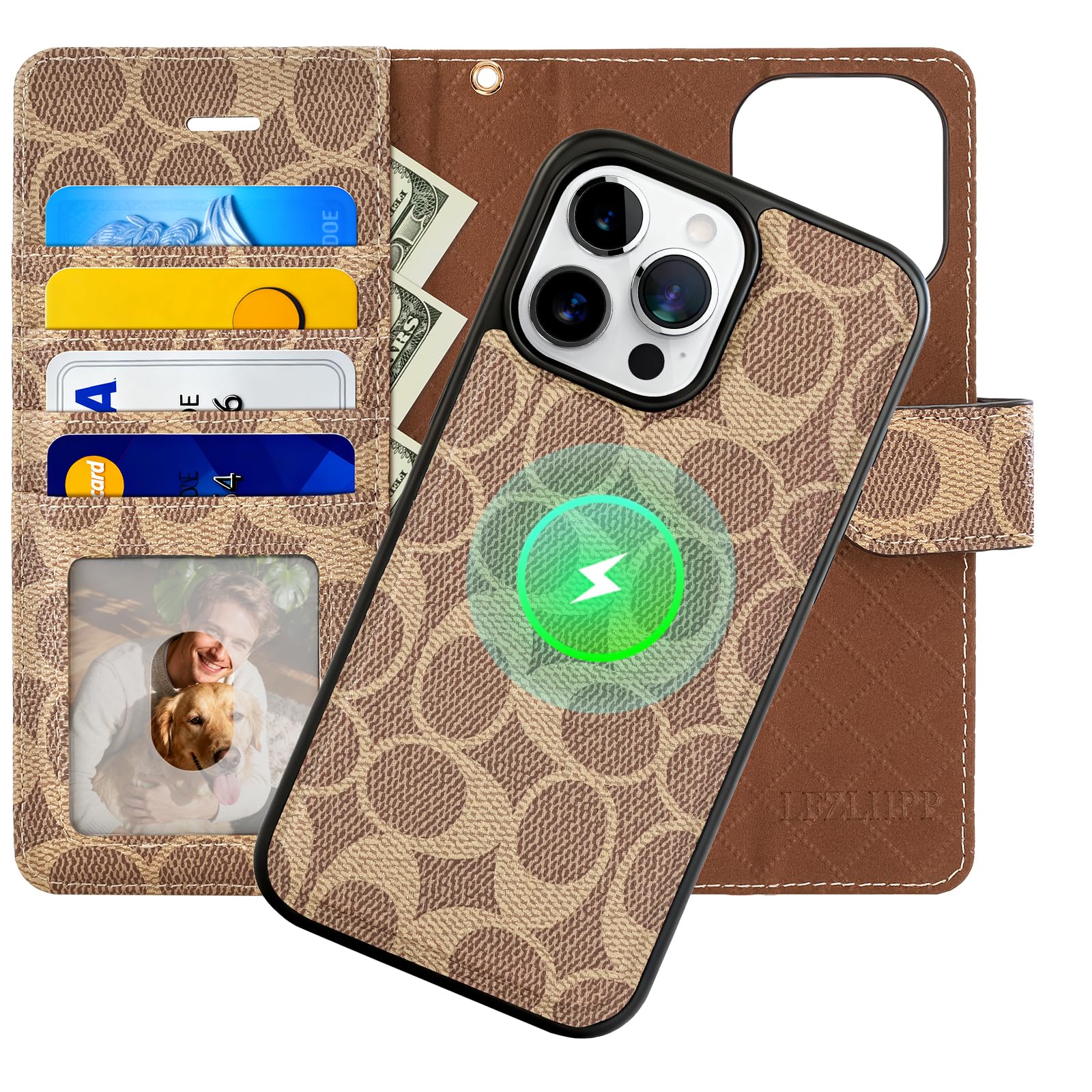 LFZLHPP Wallet Case for iPhone 15 Pro Max with Strong Magnet, Detachable Kickstand Cover, Luxury PU Leather Design,​Compatible Phone Cover 6.7 Inch, Khaki