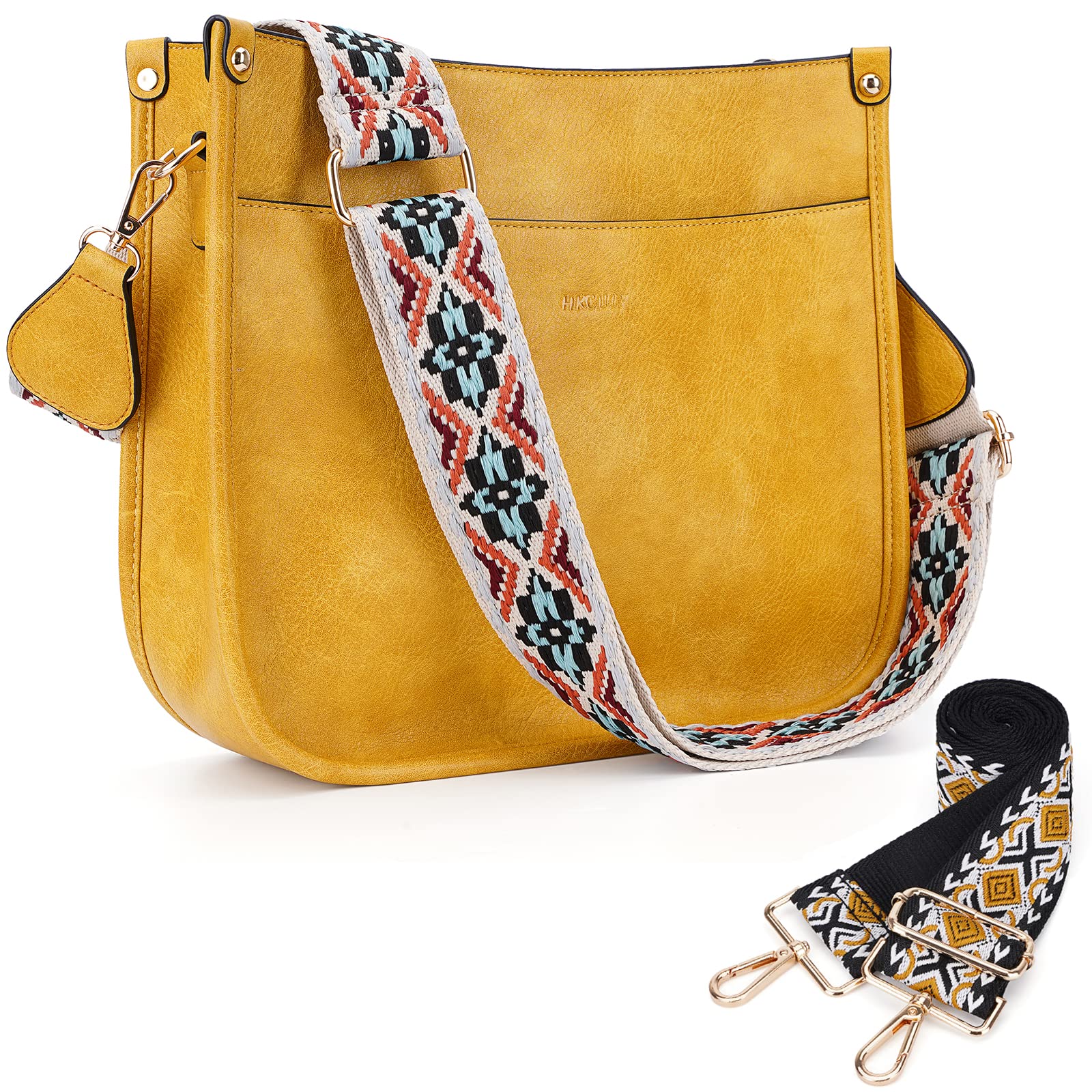 HKCLUF Crossbody Bags for Women Trendy Vegan Leather Hobo Handbags With 2 Adjustable Guitar Strap Crossbody Bucket Purse for Women(Yellow) Image