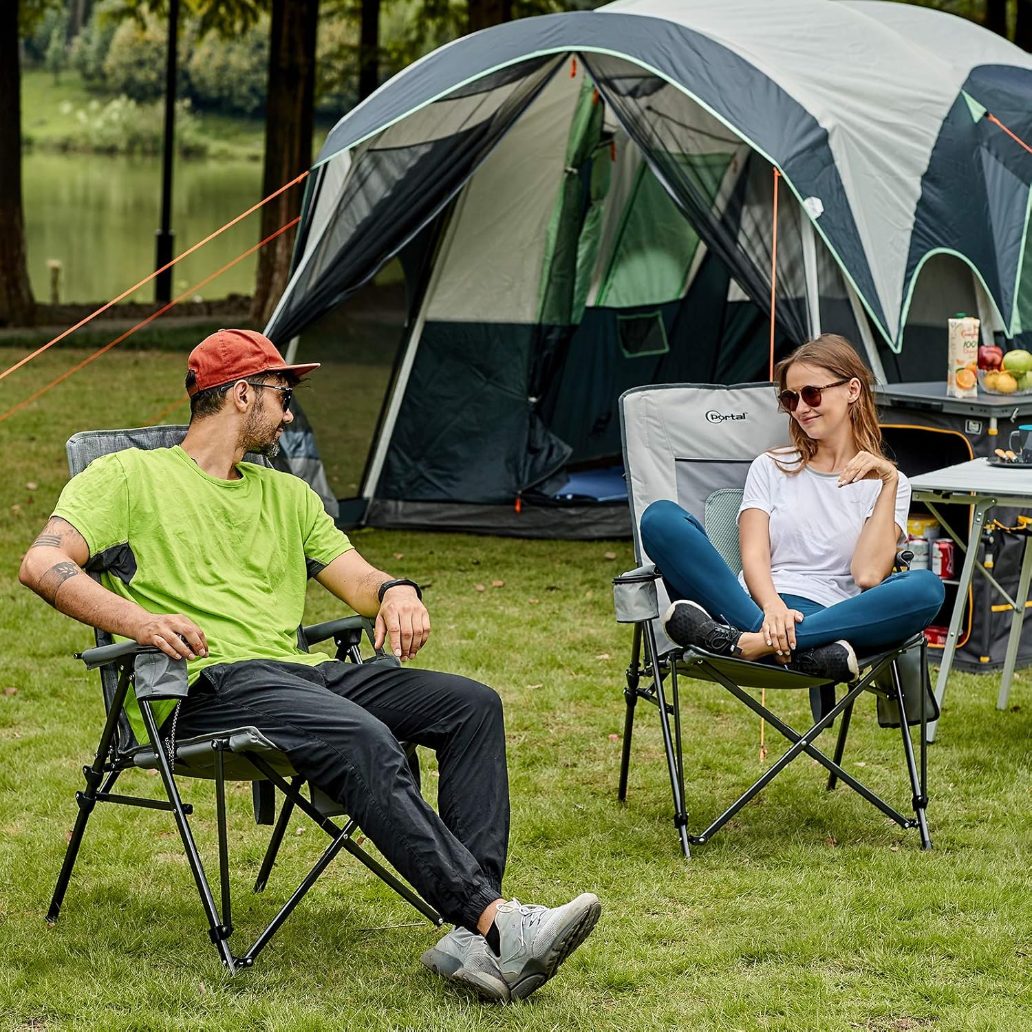 Portal Oversized Quad Folding Camping Chair High Back Cup Holder Hard Armrest Storage Pockets Carry Bag Included, Support 300 lbs (Heathered) : Sports & Outdoors