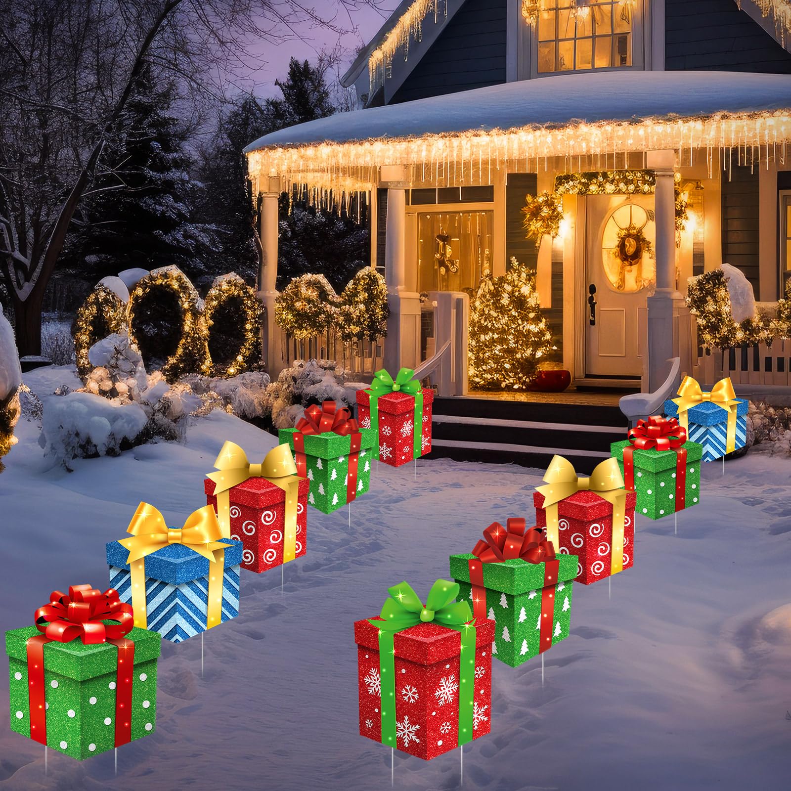 Photo 1 of Memorywuu 10 Pcs Christmas Yard Signs Decor with LED Lights Glitter Yard Signs with Stakes Outdoor Xmas Stakes for Holiday Outdoor Lawn Pathway Decor(Gift Box)