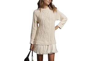 MINSURE Women Cable Knit Sweater Dress Crewneck Long Sleeve Pleated Mini Dress Twofer Style Patchwork Dress