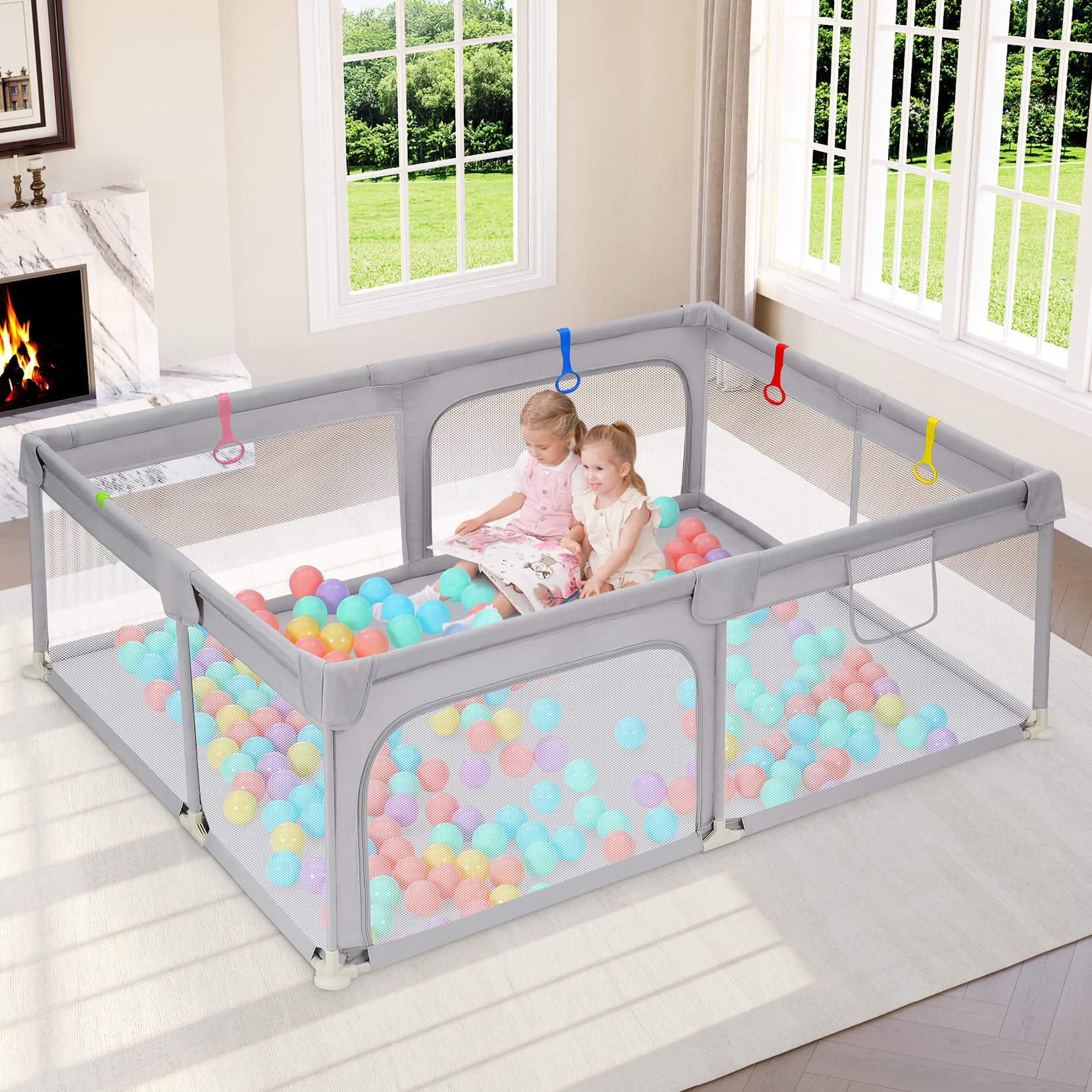 Dripex Large Baby Playpen 71×47 Inch, Big Play Pens for Babies and Toddlers- Indoor & Outdoor Kids Safe Play Area, Soft Breathable Visible Mesh, Anti-Fall & Anti-Slip Design Baby Fence, Grey Image