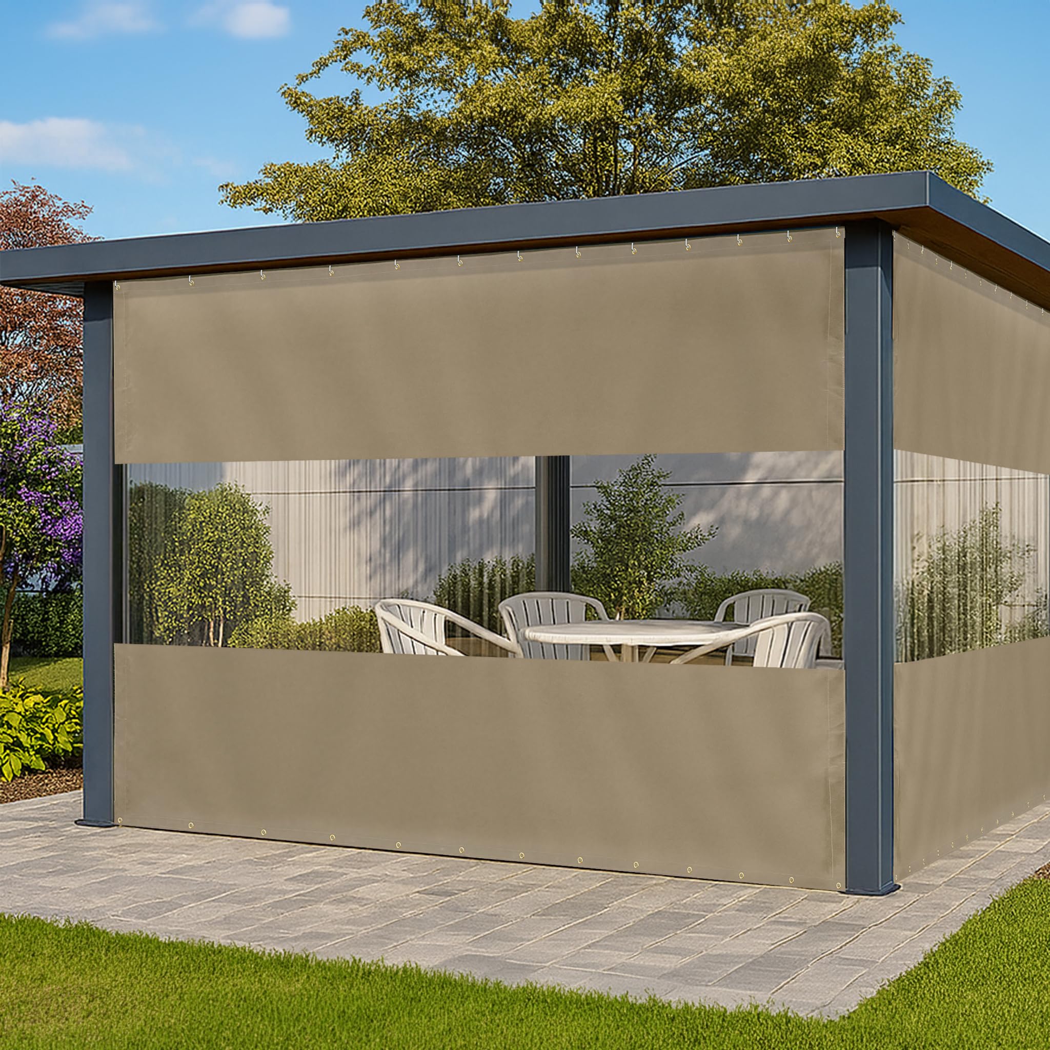 Photo 1 of Covers & All Outdoor Clear Panel Curtain, 12 oz Vinyl Outdor Curtains for Patio, Waterproof & Weather Resistant Tarp with Brass Grommets for Pergola, Porch, Gazebos, Balcony (7'H x 10'W Feet, Beige)