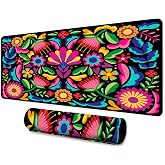 Mexican Flower Large Mousepad for Office Computer Desk 31.5x11.8 Inches | Bohemian Ethnic Embroidery Patterns Graphic Printed Game Mousepad for Office Computer Desk Decoration Anti Slip