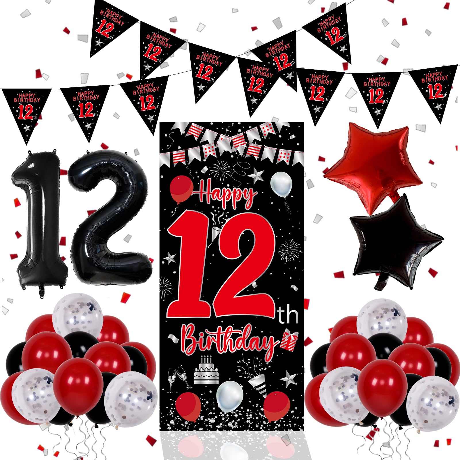 Photo 1 of 12th Birthday Decorations Boy, Red Black Happy 12th Birthday Decorations for Boys Girls, 12 Year Old Birthday Door Banner, Triangle Flag, Large Number 12 Balloons Decor Boy Twelve Bday Party Supplies