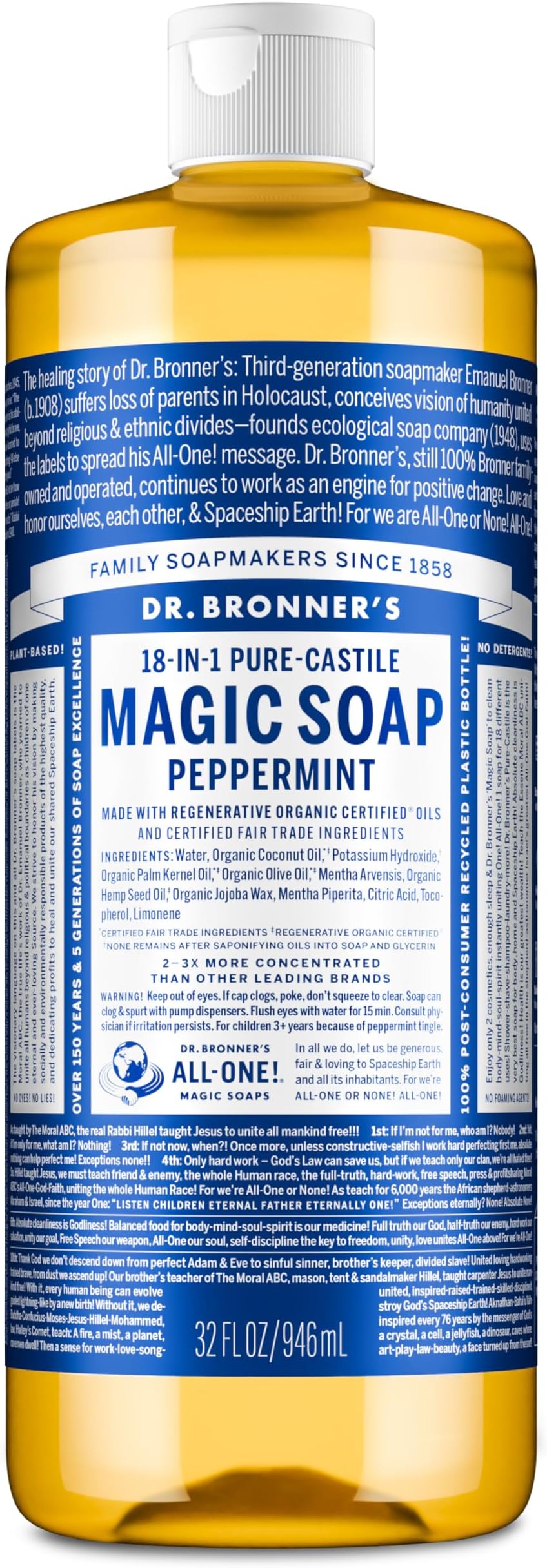 Dr. Bronner's Pure-Castile Soap Peppermint 946ml Liquid Soap