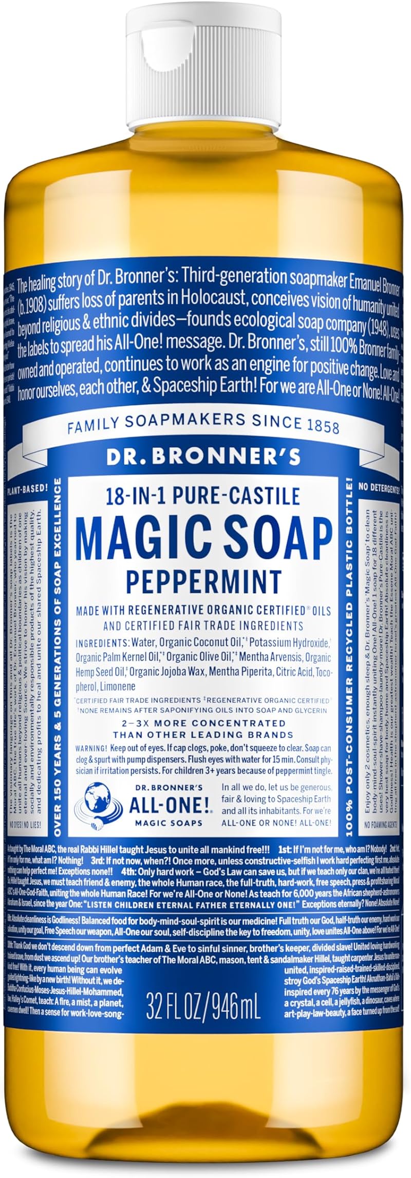 Dr. Bronner's Pure-Castile Soap Peppermint 946ml Liquid Soap