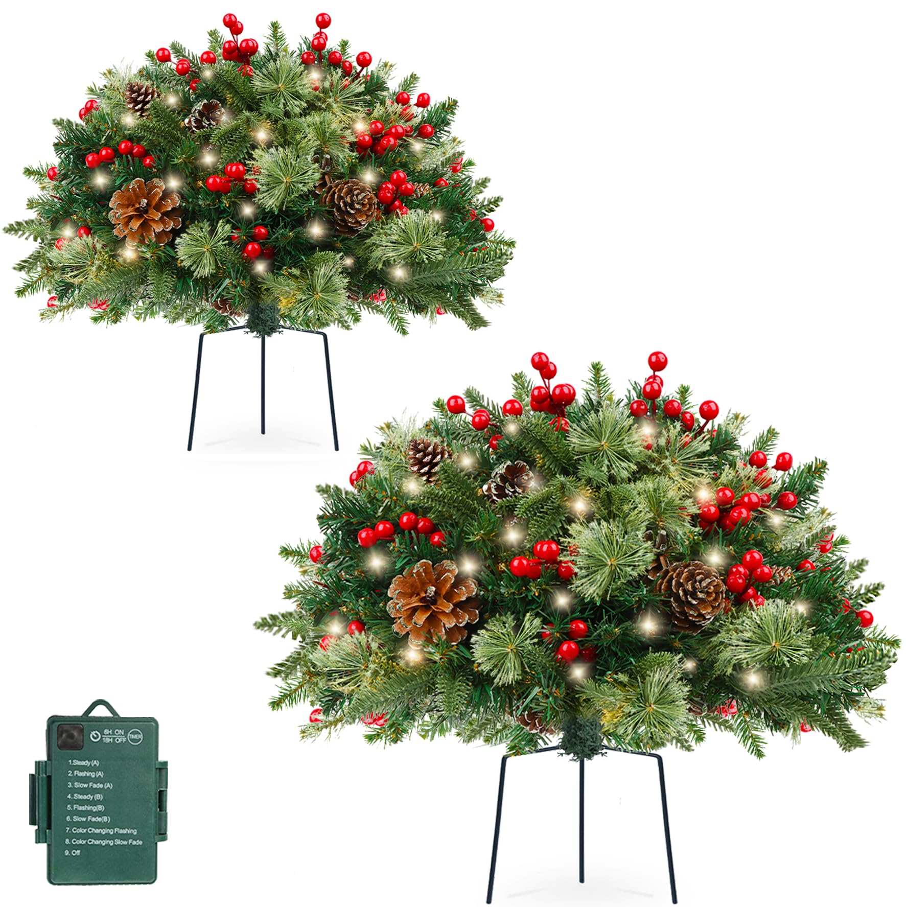 Photo 1 of * only one single tree, no tripod stake* TOWPONICS Set of 2 Outdoor Christmas Trees Urn Filler, 18in Prelit Battery Operated Artificial Small Xmas Tree Holiday Décor with 50 LED Lights, Red Berries, Pine Cones, Tripod Stake, 8 Modes & Timer