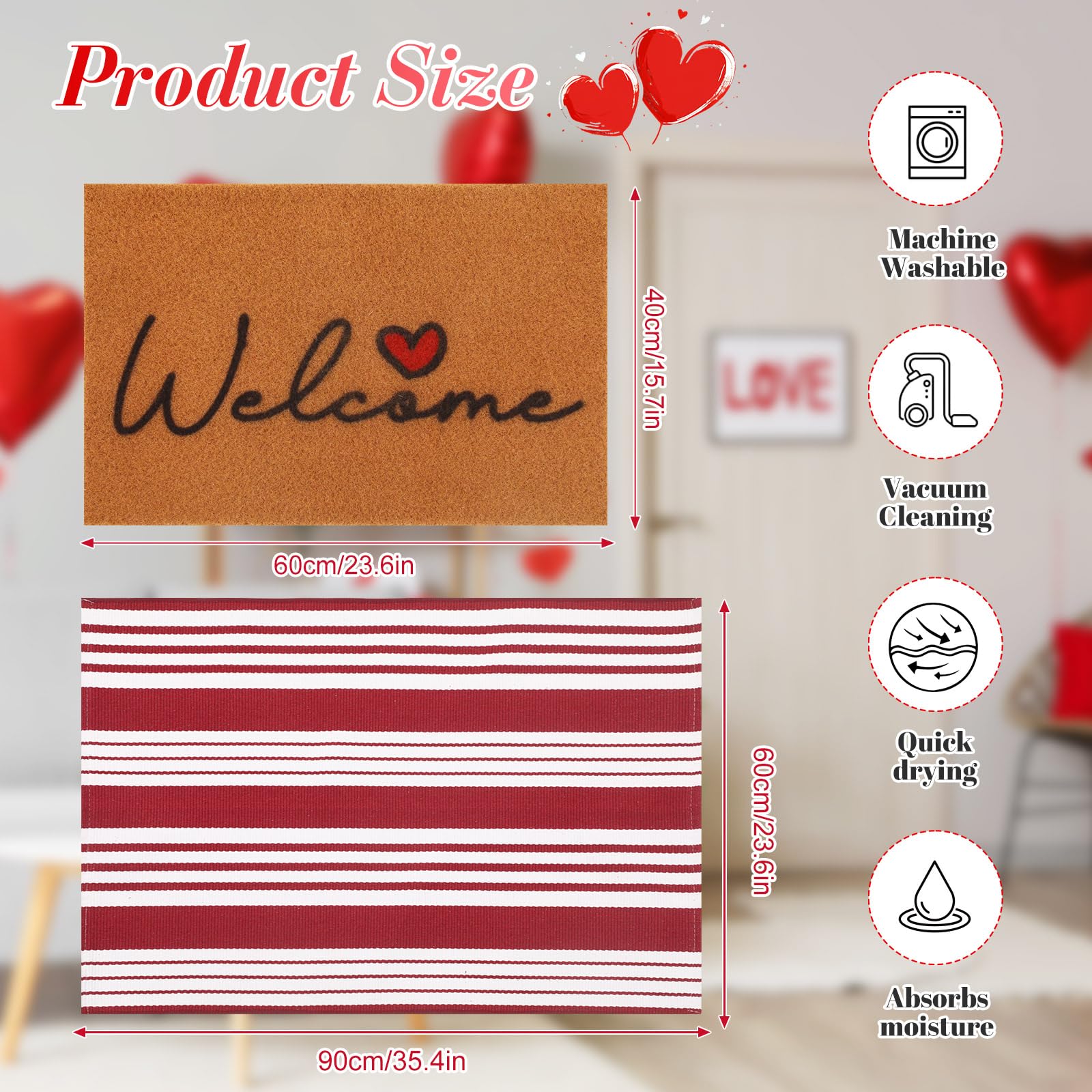 Maasechs 2 Pcs Heart Welcome Doormat Set 24'' x 35'' Red White Stripes Outdoor Rug and 24'' x 16'' Heart Coir Doormat Non Slip Floor Mat for Outside Entrance Front Porch(Heart) - Image 2