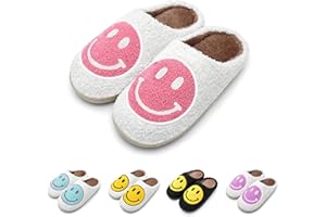 WELLNESSICA Original Smiley Face Slippers for Women Retro Soft Plush Comfy Non-Slip Happy Face Slippers for women indoor and outdoor Preppy House Slippers for Woman