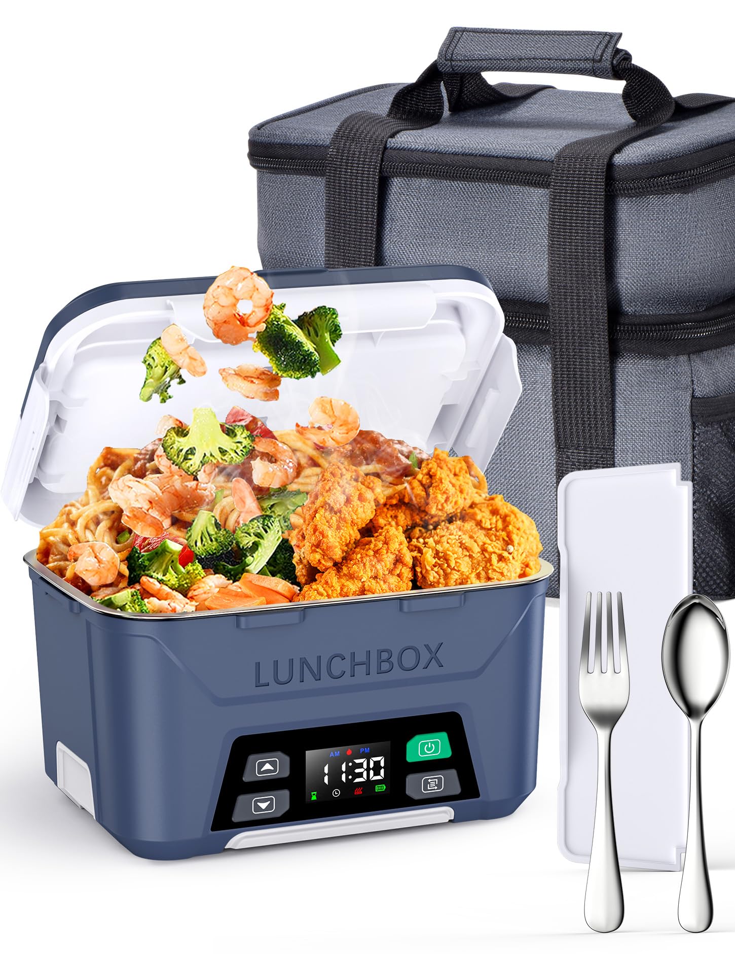 Photo 1 of Docusvect Rechargeable Heated Lunch Box for Men, 1.3L Cordless Electric Lunch Box for Adults with Scheduled Heating, Portable Food Warmer with Large Bag, Cutlery, Removable Divider