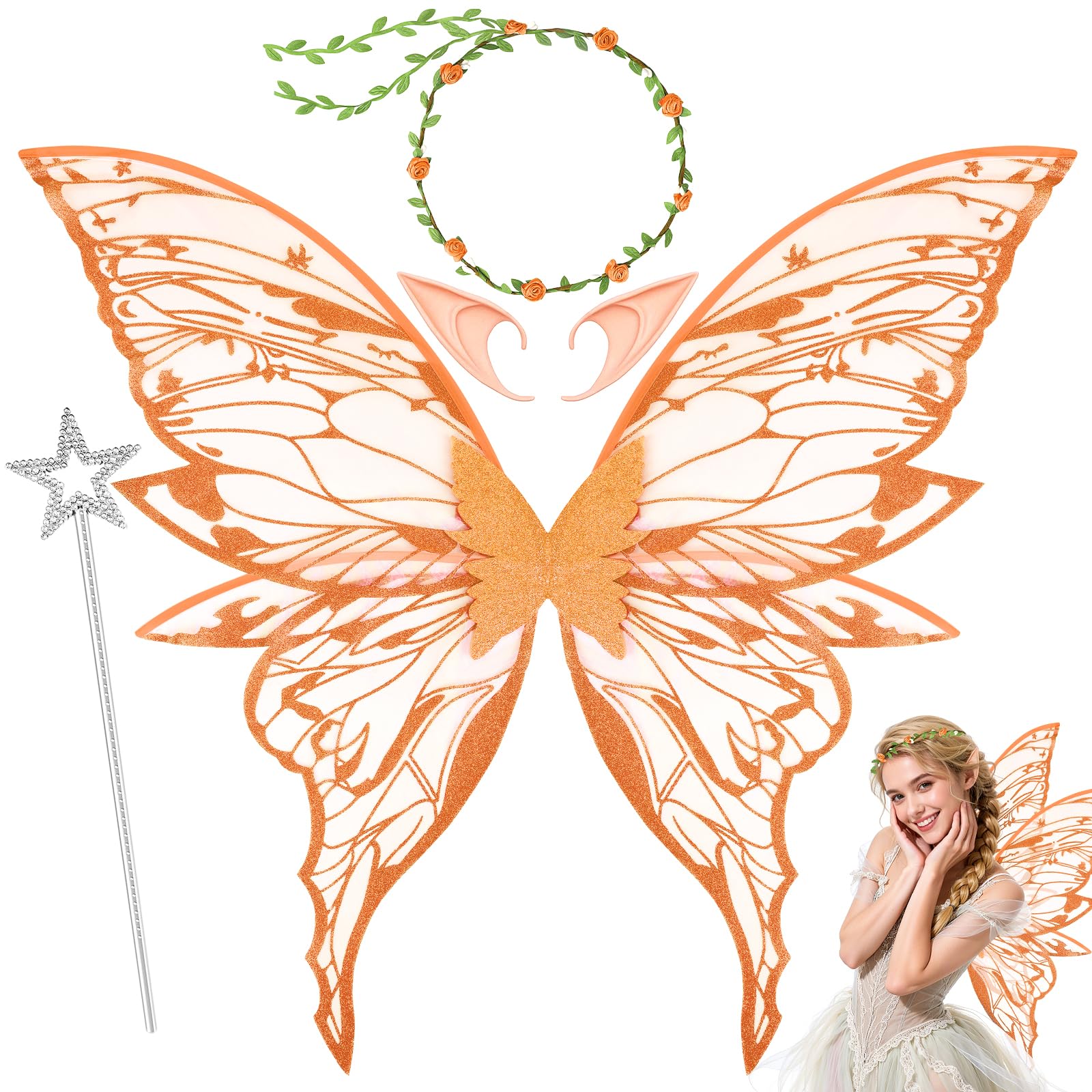 UxClishe Fairy Wings Adult Costume Set, Fairy Accessories Fancy Dress with Sparkling Butterfly Wings Floral Headband, Long Skin-Toned Elf Ears Wand for Halloween Chrismas Cosplay Party