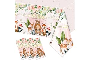Rejoice Bunny 3PCS Woodland Tablecloth for Girls Baby Shower Safari Jungle Wild Animal Party Decorations Watercolor Floral Forest Table Cover Disposable Plastic Table Cloths Party Supplies -54x108in