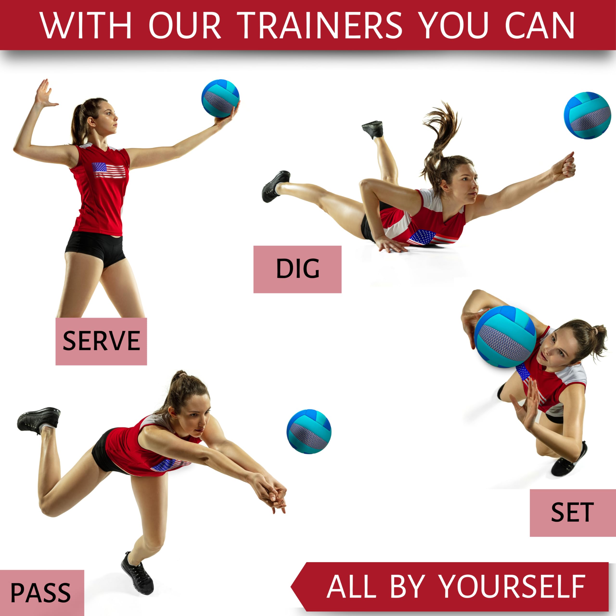 OVANTO Volleyball Training Equipment Aid – Solo Volleyball Equipment in 4 Styles to Serve, Spike, Set and Pass Like a Pro - Adjustable Volleyball Practice Equipment Gift for Beginners & Experts