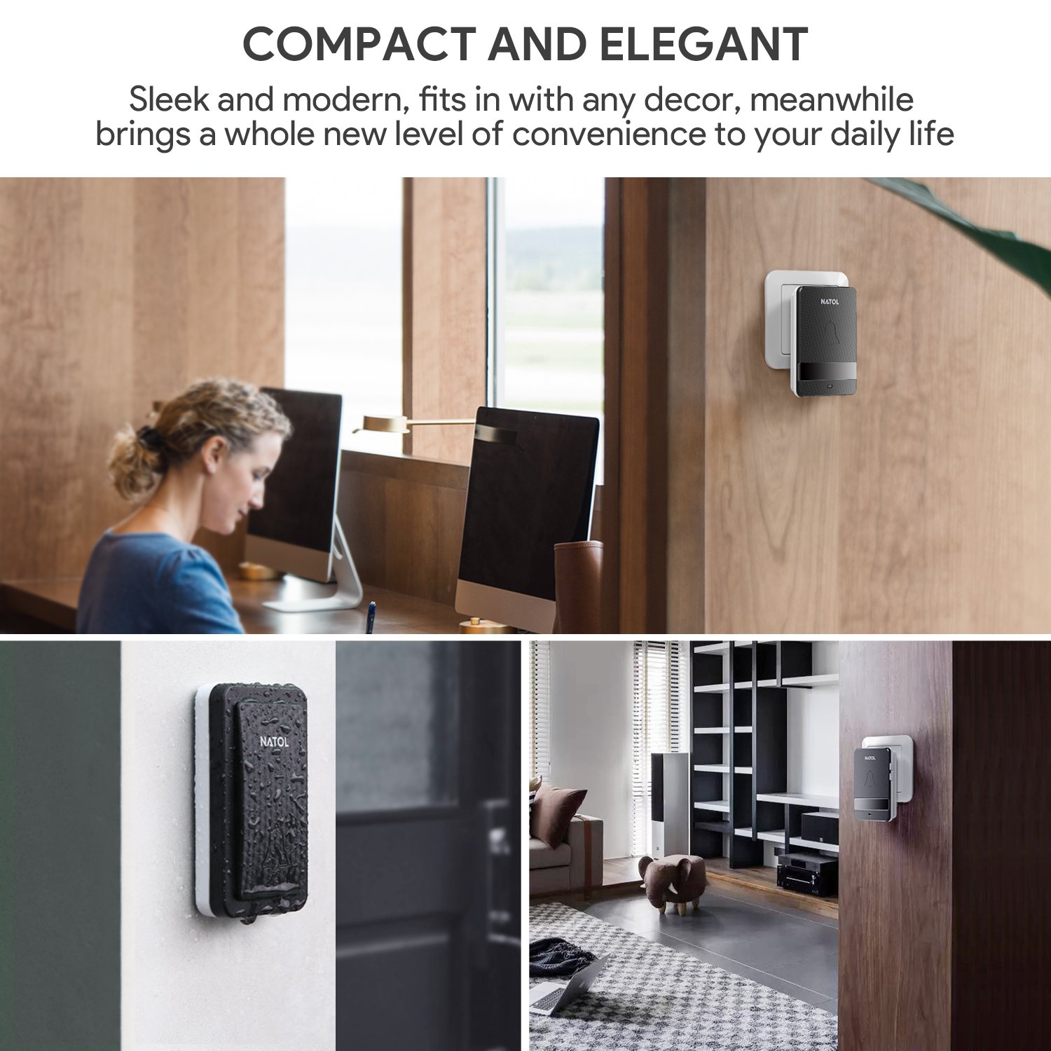 NATOL Self-Powered Wireless Doorbell Waterproof IP68, 650FT Free-Barrier Transmission with 28 Chimes and 4 Adjustable Volumes, (NT-WD02, Black)