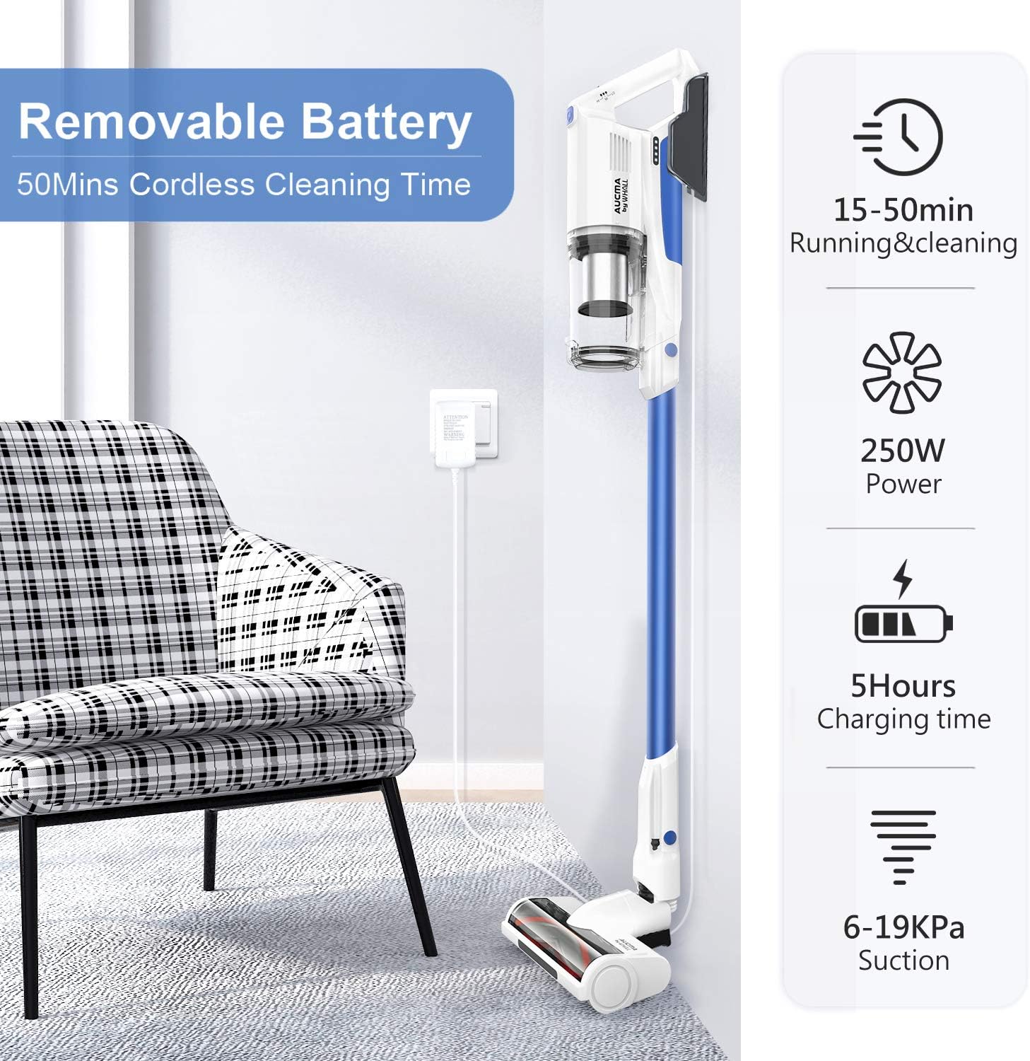 Cordless Vacuum Cleaner, Aucma by whall 3 Suction Modes 250W Brushless Motor Cordless Stick Vacuum cleaner up to 50 mins Runtime 4 in 1 Lightweight Handheld Vacuum for Home Hard Floor Carpet Pet Hair -