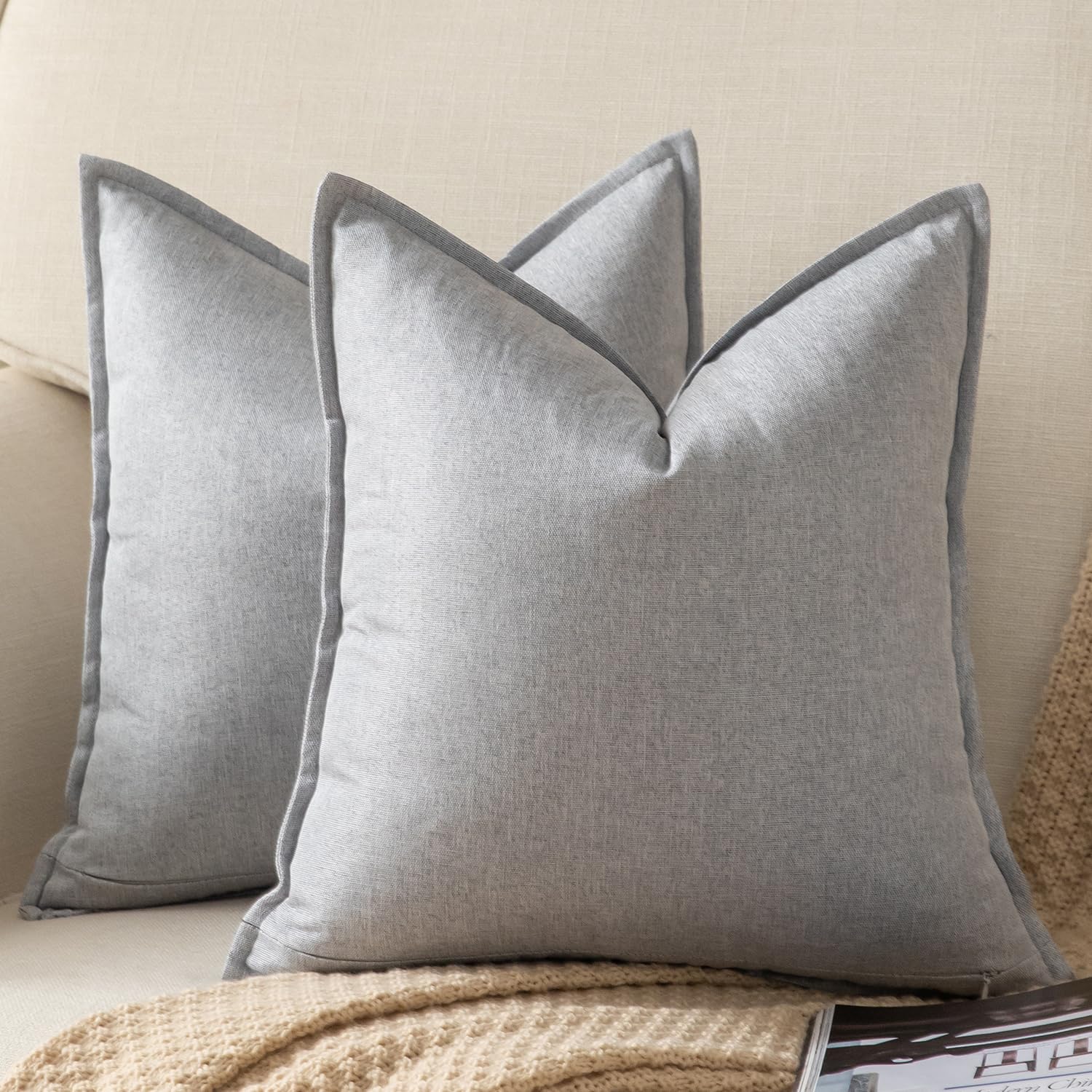 YAERTUN Pack of 2 Decorative Linen Soild Cushion Covers Farmhouse Neutral Throw Pillow Cases for Chair Couch Sofa Bedroom Living Room Home Decor 20 x 20 Inch 50x50 cm Light Gray