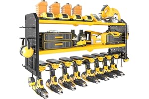 KAFAHOM Power Tool Organizer,Large 8 Drill Holder Wall Mount with 2 Side Pegboards,Metal Tool Shelf with 12 Hooks,Storage Rack for Garage Organization,Utility Cordless Drill Holder - Yellow