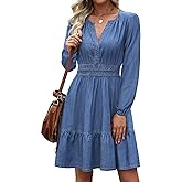 POTILI Denim Dress for Women Long Sleeve Tiered A Line Casual Flowy Babydoll Dress Jean Dresses with Pockets 2026