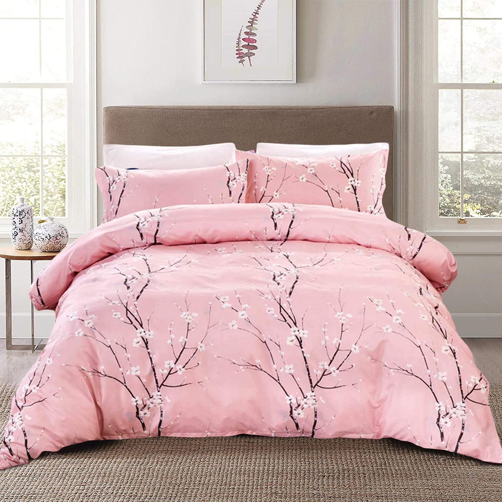 3 Pieces Pink Plum Pattern Duvet Cover for Girl Floral Bedding Set with 2 Pillowcases Soft Microfiber Botanical Branch Duvet Cover Set King 220x230cm