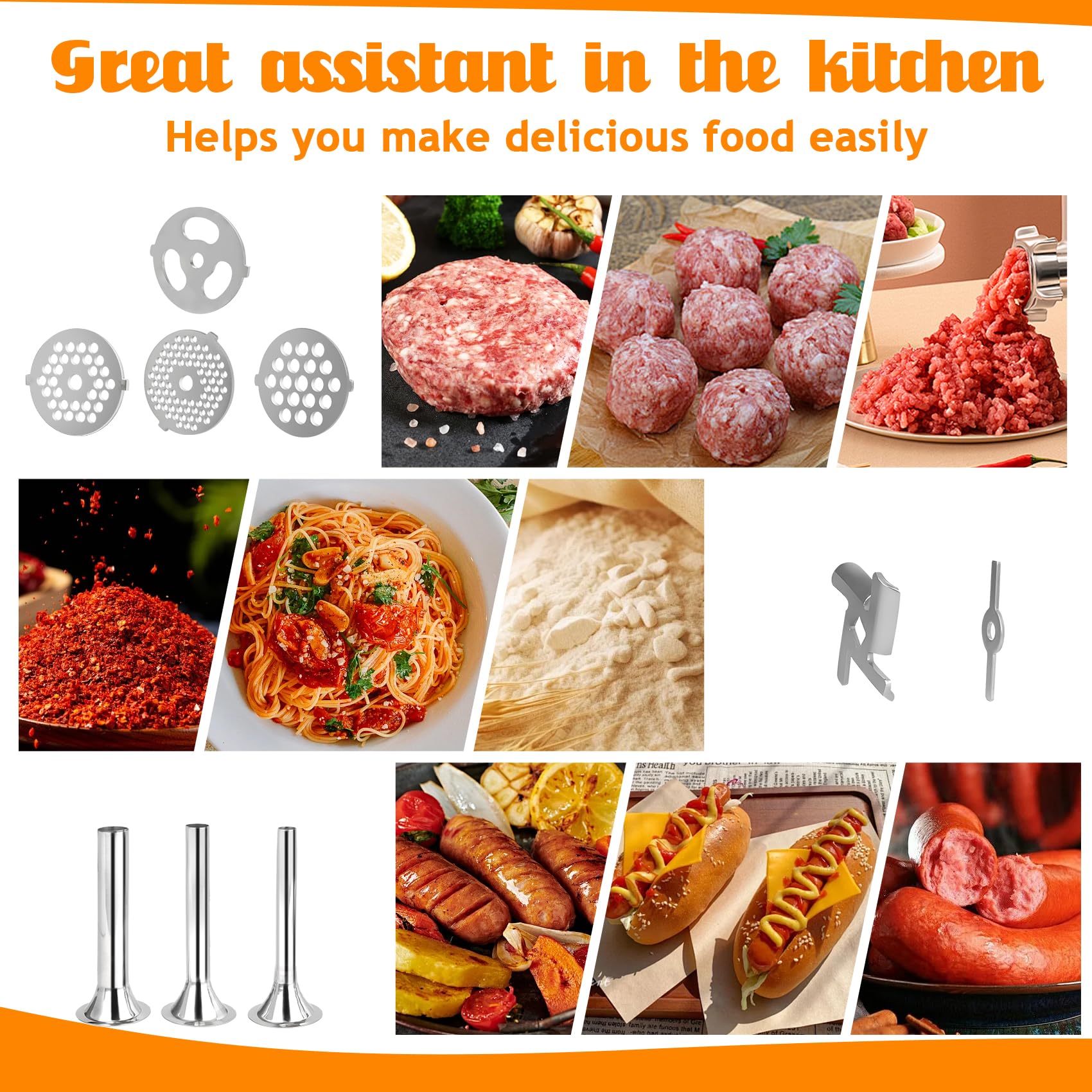 Metal Meat Grinder Attachment for Kitchen Aid Stand Mixers, Meat Grinder Attachment Replacement Includes 3 Sausage Stuffer Tubes, 4 Grinding Plates, 3 Grinding Blades, Screw, Front Cover