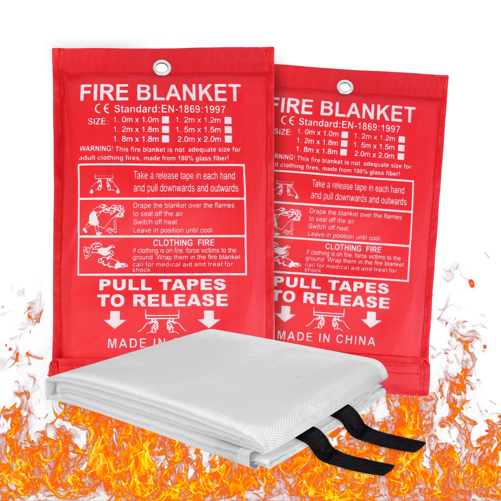 Flintronic 2PCS Fire Blanket, 1m X 1m Emergency Fire Blanket for Kitchen, Quick Unfolding, Fibreglass Fire Blankets with Loops, Flame Retardant Fire Blanket for Home, Office, Caravan, School
