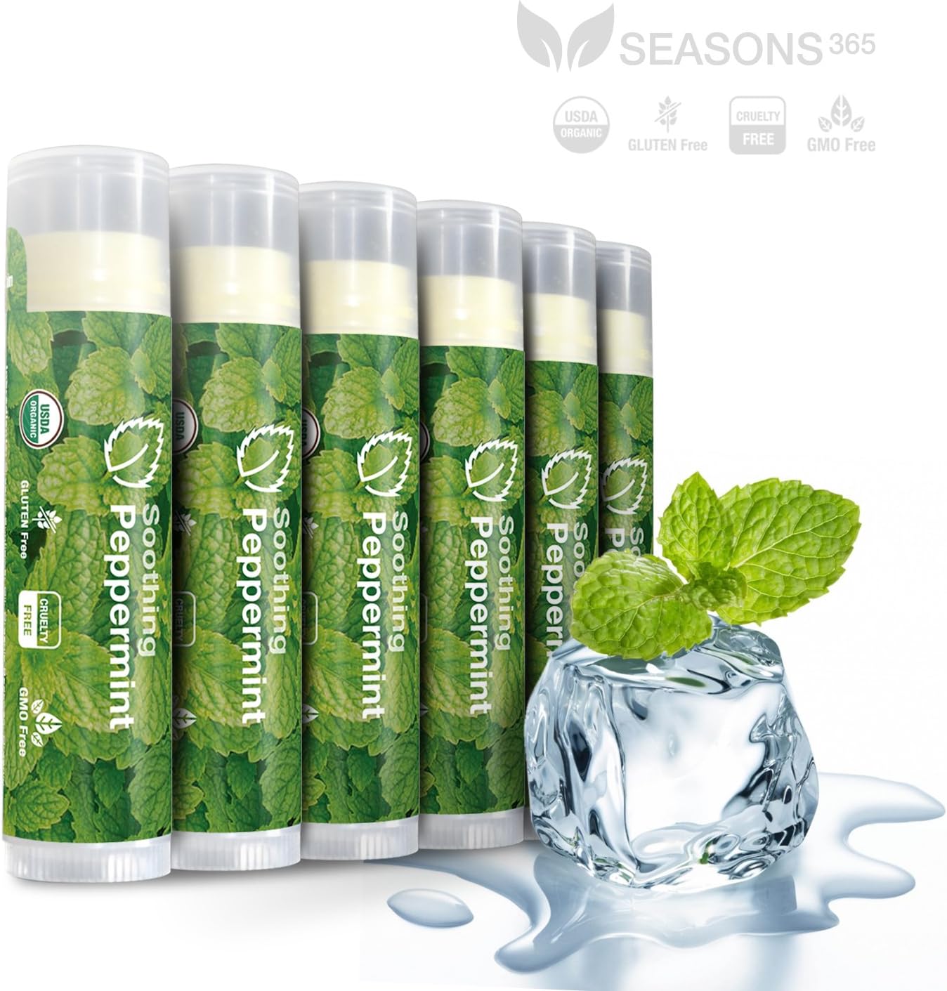 Seasons365 Lip Balm Peppermint Natural & Organic: Compares to EOS, Chap Stick, Burt Bees, Carmex, Beauty by Earth - Moisturizer Care Treatment for Dry Lips, 6 Piece