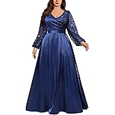 MISSMAY Women's Plus Size Sequins Lace Contrast Satin Wrap V-Neck Long Lantern Sleeve A-line Formal Maxi Dress