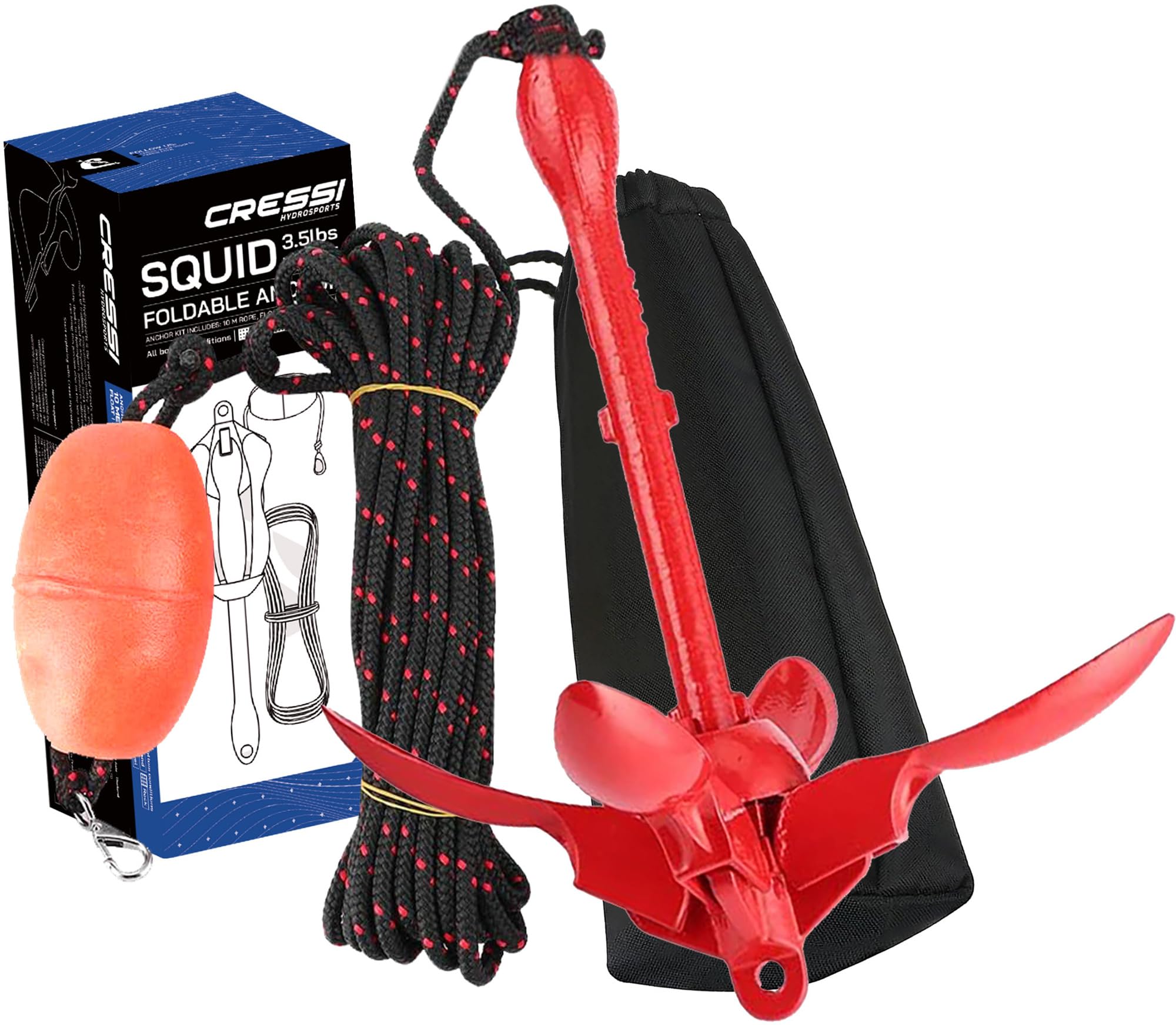 Cressi Squid Foldable Anchor Set - Foldable Anchor + 10m of rope with Float and Hooking Carabiner, for SUPs, Kayaks and Small Inflatable Boats, Red, Unisex