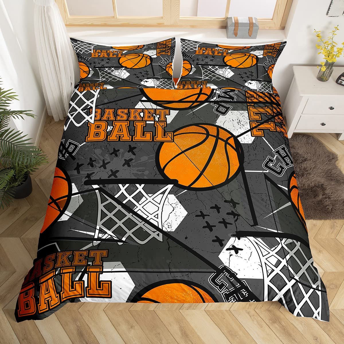 Basketball Duvet Cover 3D Ball Bedding Set Sports Double Size Comforter Cover for Boys Girls Children Teens Basketball Player Orange Black Bedspread Cover