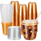 MOQRUAO 100 Sets 12oz Disposable Stemless Plastic Cups with Strawless Sip Lids, Clear PET Coffee Cups for Iced Coffee, Cold Drinks, Halloween, Christmas, Party and Drink Shop Supplies (Orange (12oz))