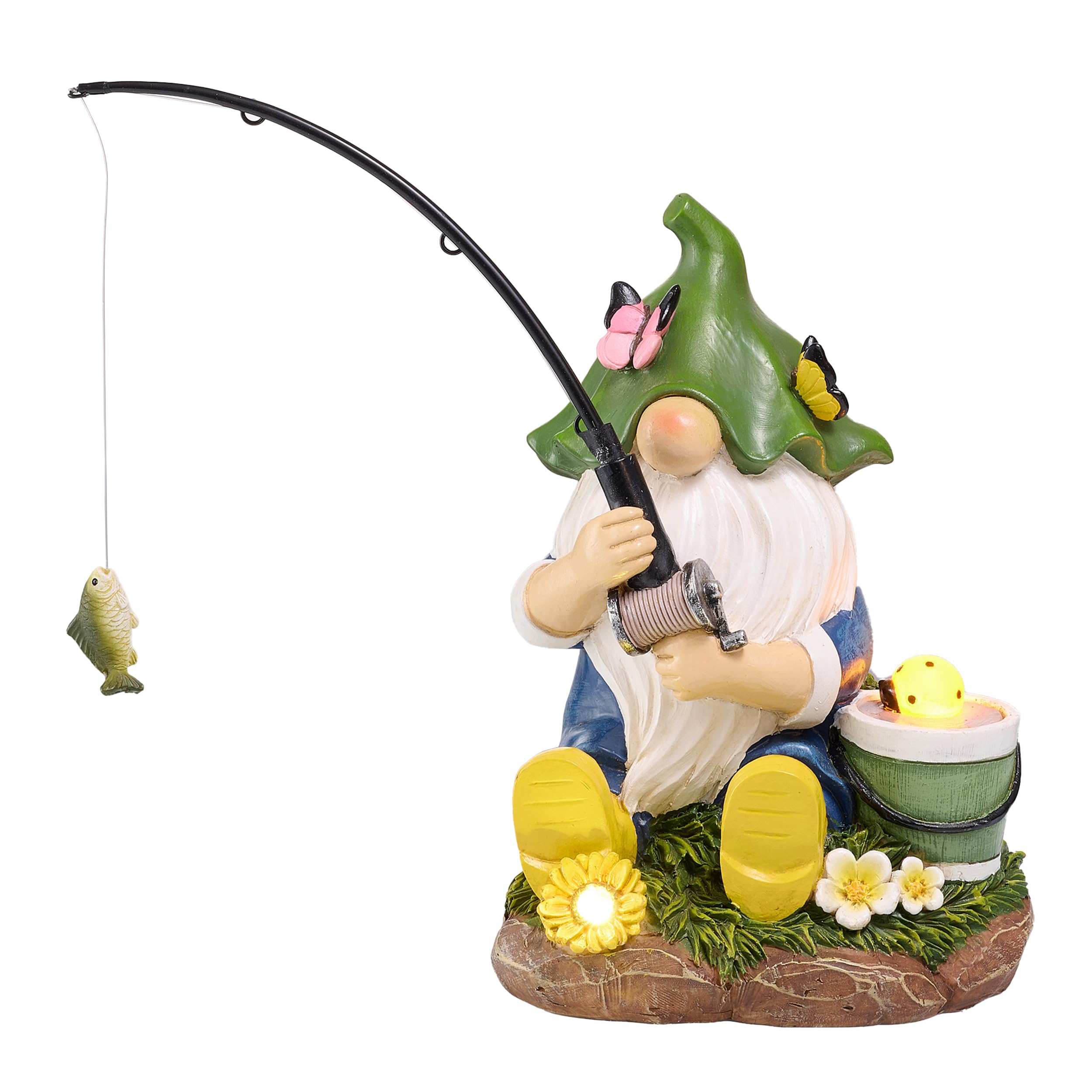 TERESA'S COLLECTIONS Garden Ornaments Outdoor, Lovely Fishing Gnomes with Flowers and Solar Lights, Family Gnomes Series, Waterproof Resin Ornaments, Garden Decorations Gifts Indoor Outdoor 18.4CM