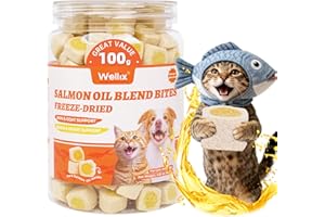 Wellix Salmon Oil Freeze Dried Treats for Cats&Dogs - Skin&Coat Chews with Taurine,Omega 3 for Cat - Crunchy Healthy Snacks f