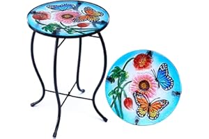 NewVees Butterfly Patio Side Table, Small Patio Outdoor Side Table, Plant Table,Metal Glass End Table for Porch Garden Yard P