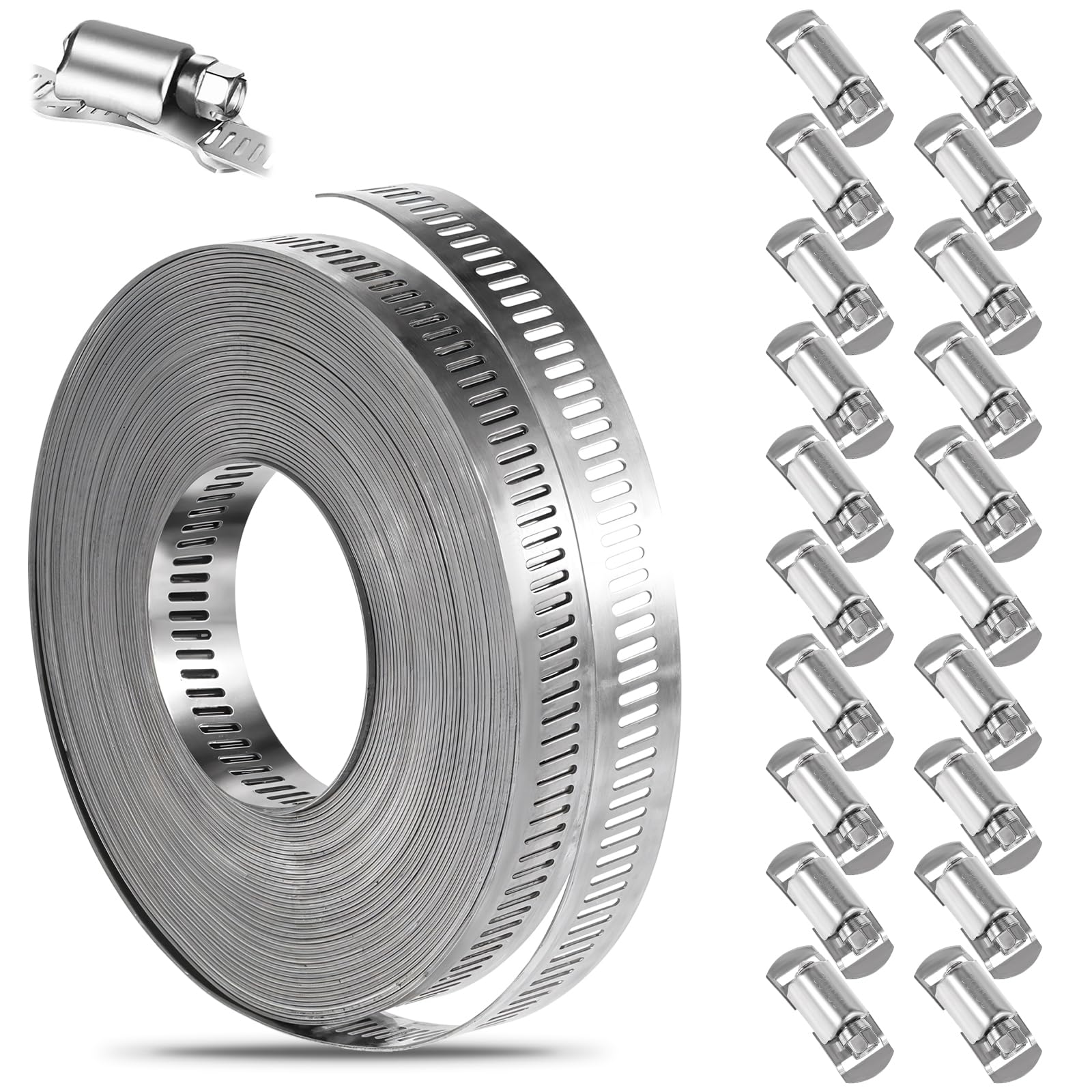 Photo 1 of 304 Stainless Steel Hose Clamps Assortment Kit, Cut-To-Fit 32.81Ft Metal Strap with 20Pcs Stronger Fasteners Screw, Adjustable Worm Gear Hose Clamps for Plumbing Auto Tube Fuel Line