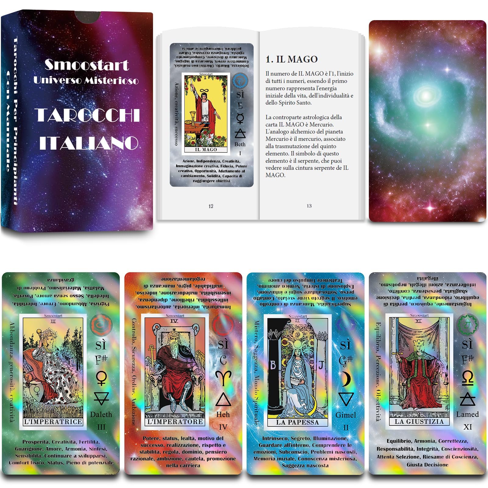 Smoostart Italian Holographic Tarot Cards with Meanings on Them, Tarot with Guidebook for Beginners, Keywords, Element, Planet, Zodiac, Chakra, Yes or No, Musical Pitch, Numerology, Hebrew Alphabet