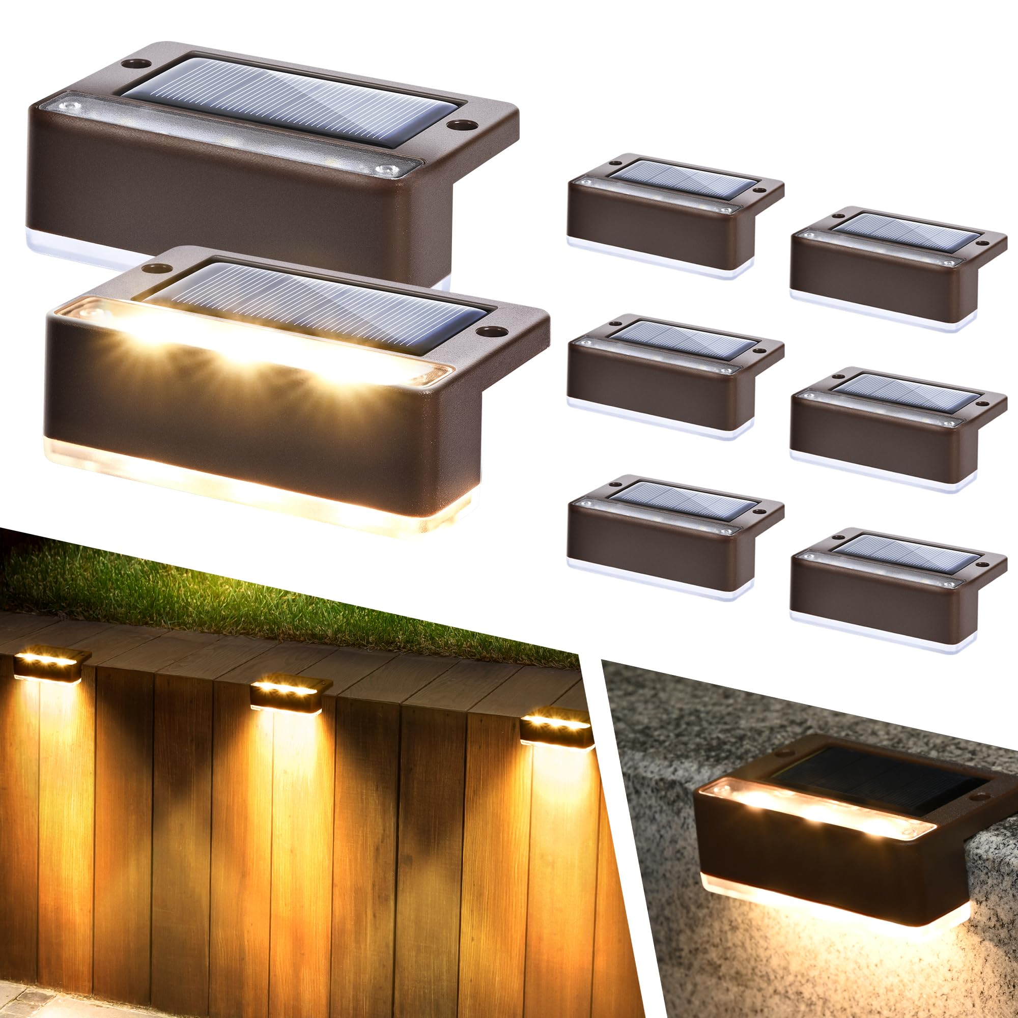 Solpex Solar Lights for Outdoor, 8 Pack Solar Stair Lights, Waterproof Solar Fence Lights for Outdoor Stairs, Steps, Fence, Garden, Yard, Patio, Gutter, Pathway, Decoration (Warm White,Brown) — image 1