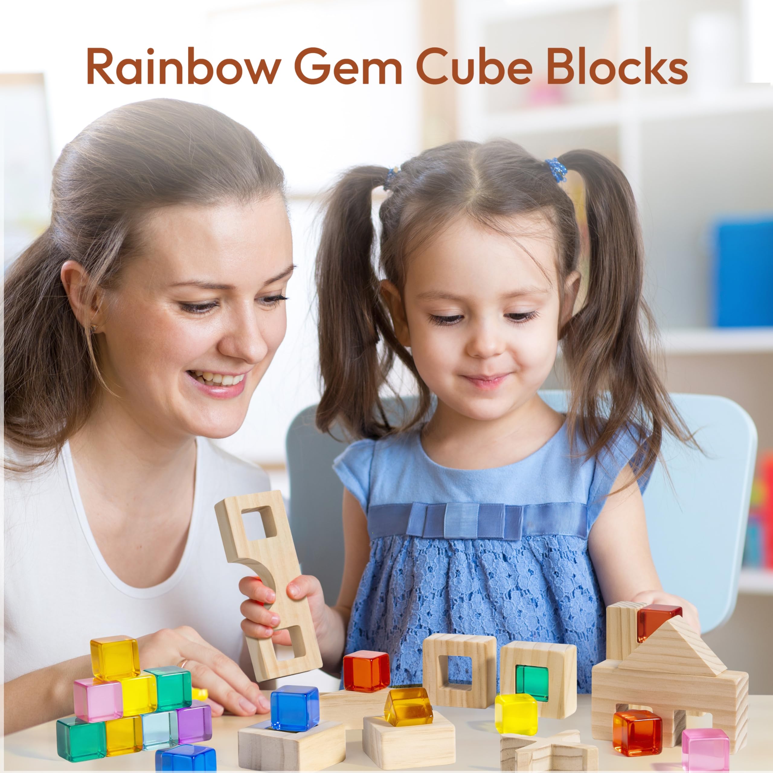 Woodtoe Wooden Rainbow Building Blocks Set for Kids, 22 PCS Wooden Blocks & 25 PCS Gem Cubes Stacking Blocks, Montessori Stacking Toys for Toddlers, Educational STEM Christmas Toys for Boys Girls 3-6
