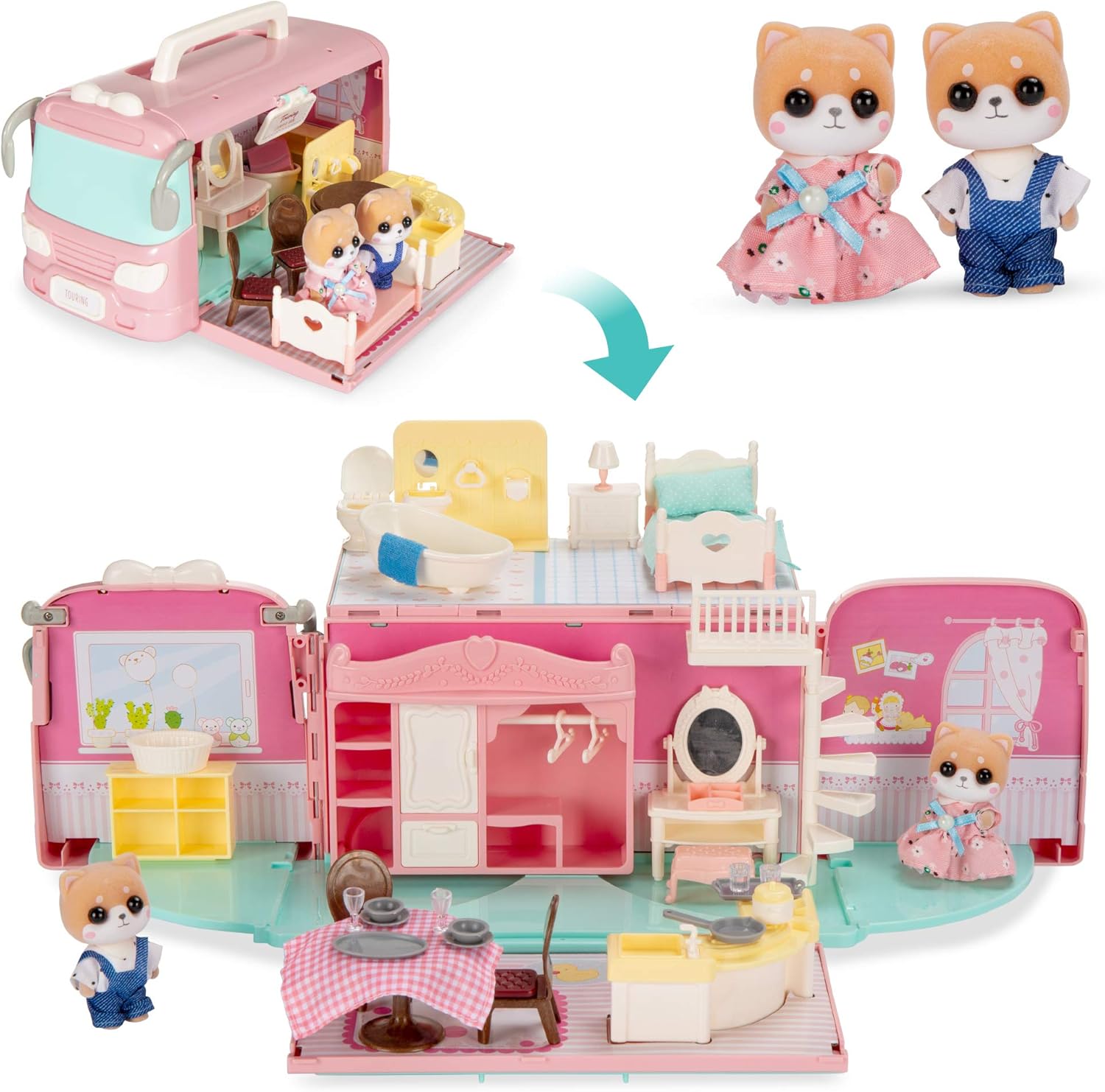 Amazon Com Best Choice Products Dollhouse Playset Camper Van Pretend Play Portable Toy Gift Set With 54 Accessories And Tiny Critters For Kids Toys Games