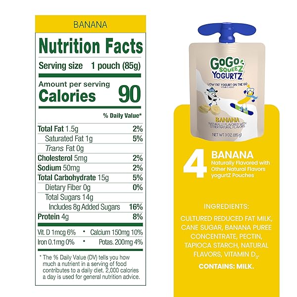 GOGO SQUEEZ YOGURTZ BANANA, 3 OZ (PACK OF 4), KIDS SNACKS MADE FROM REAL YOGURT AND FRUIT, PANTRY FRIENDLY, NO FRIDGE NEEDED, GLUTEN FREE AND NUT FREE, RECLOSEABLE CAP, BPA FREE POUCHES
