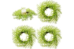 FineCheer 4 Pcs Baby Grass Candle Ring Green Farmhouse Faux Peppergrass Wreath Artificial Greenery Candle Rings Wreaths for Wedding Holiday Centerpieces Home Party Kitchen Table Decor, 3.5" ID/ 10" OD