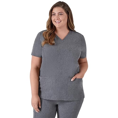 Hanes Women's Plus Size Healthcare Top, Moisture-Wicking Stretch Scrub Shirts, Ribbed Back Panel, Ebony Heather, 2X Large