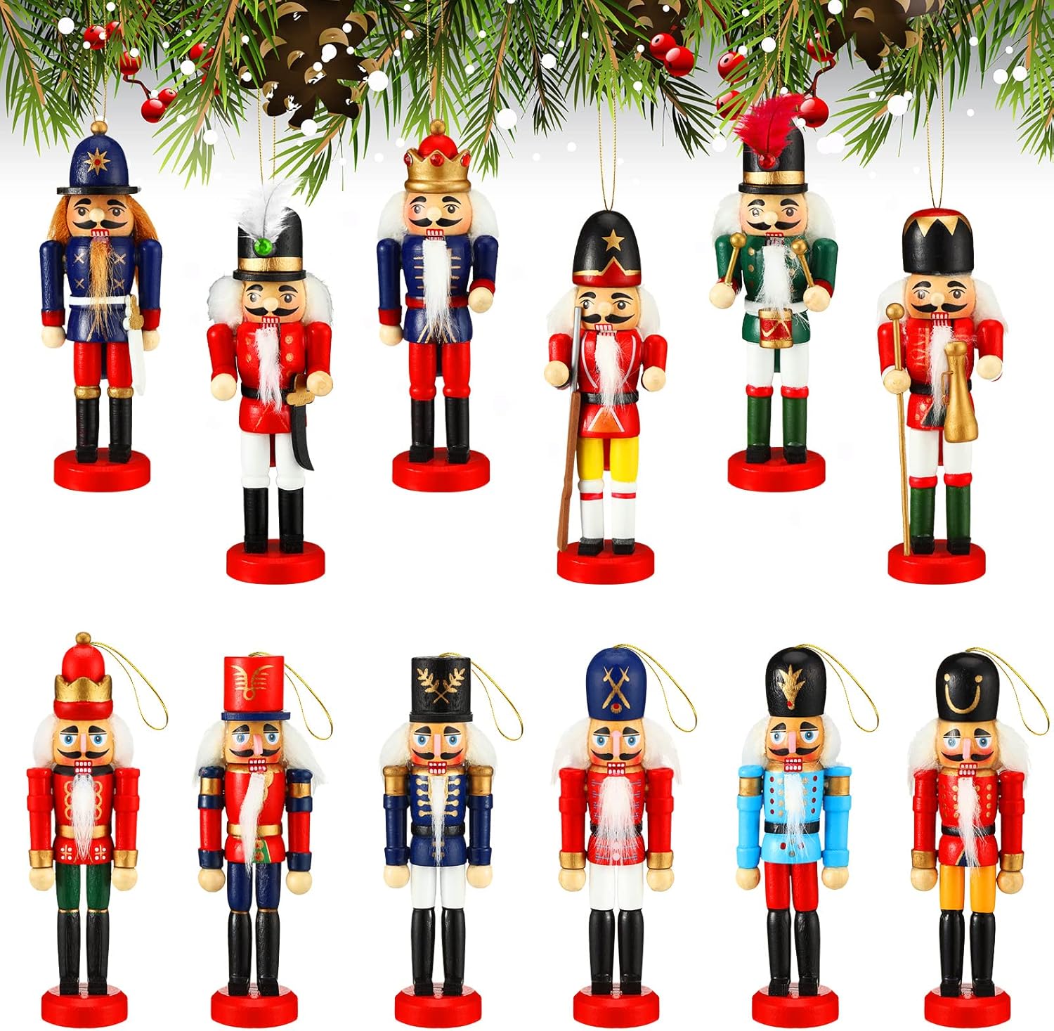 Nutcrackers - 12 Pieces Christmas Nutcrackers Ornaments Wooden Crackers Hanging Decorations Soldier Ornament Nutcrackers Figures for Home Christmas Trees Xmas Toy Gift