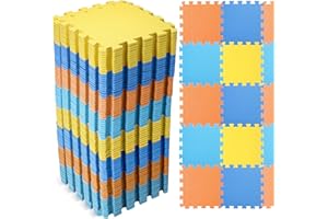 Nuanchu 60 PCS Kids Foam Puzzle Floor Mat Bulk - Solid Color Foam Play Mat with Borders Interlocking Multi Use Floor Rug for Children, 12 Inch(Dark Blue, Light Blue, Orange, Yellow)
