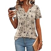 Zeagoo Womens Short Sleeve Tops Summer Henley V-Neck Tshirts Casual Pleated Blouse Dressy Loose Floral Basic Tee